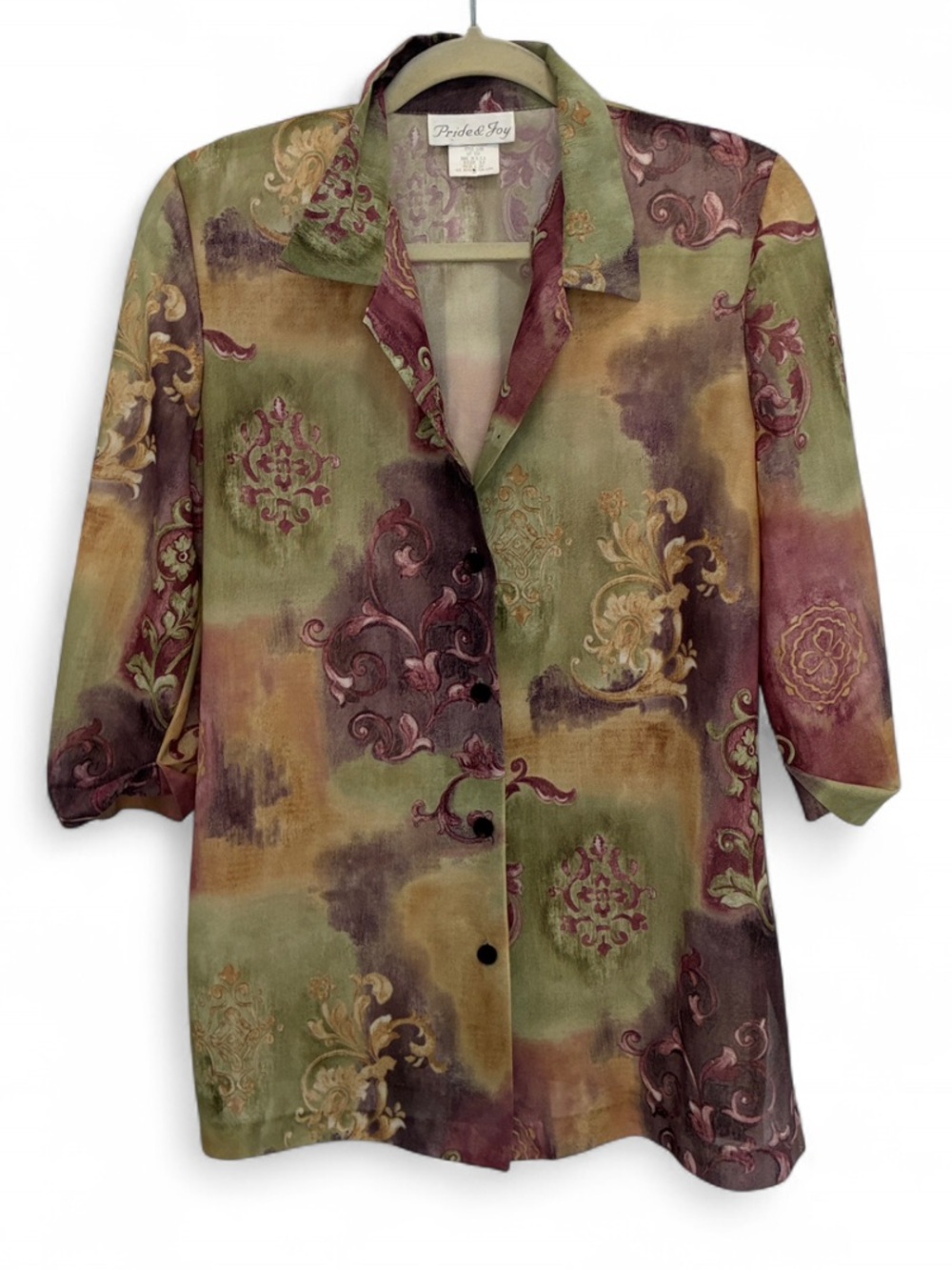 Vintage Pride and Joy Boho Artsy Green and Mauve Printed Button-Down Shirt